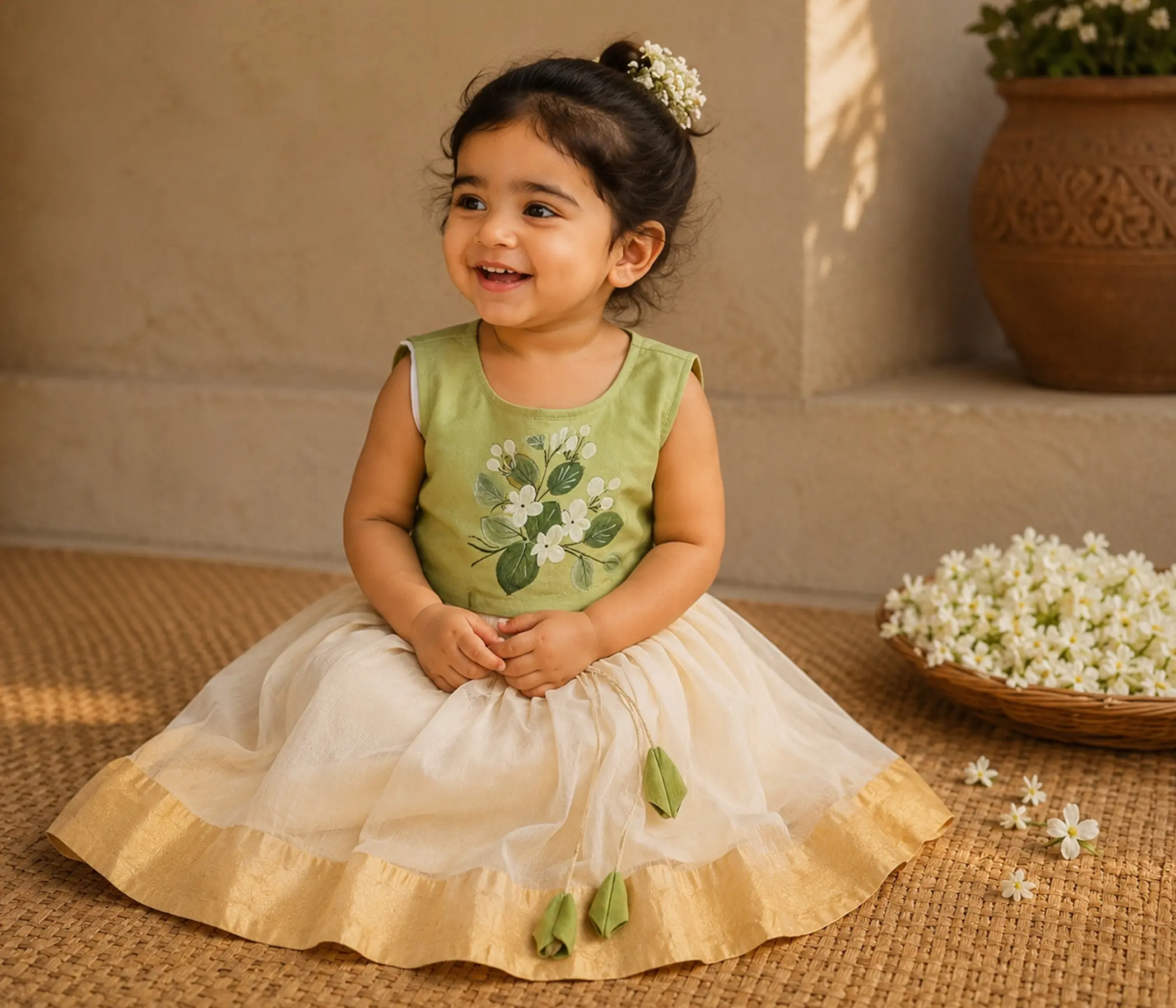 Girls Formal Dresses – Olive Green Hand-Painted Lehenga Choli for Girls
